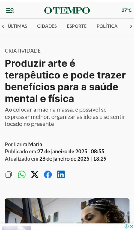 Matéria no jornal O Tempo: Produzir arte é terapêutico e pode trazer benefícios para saúde mental e física